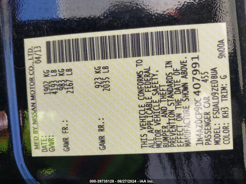 2013 Nissan Leaf Sv VIN: 1N4AZ0CP9DC407991 Lot: 39735128