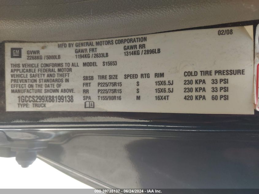 2008 Chevrolet Colorado Ls VIN: 1GCCS299X88199138 Lot: 39735137