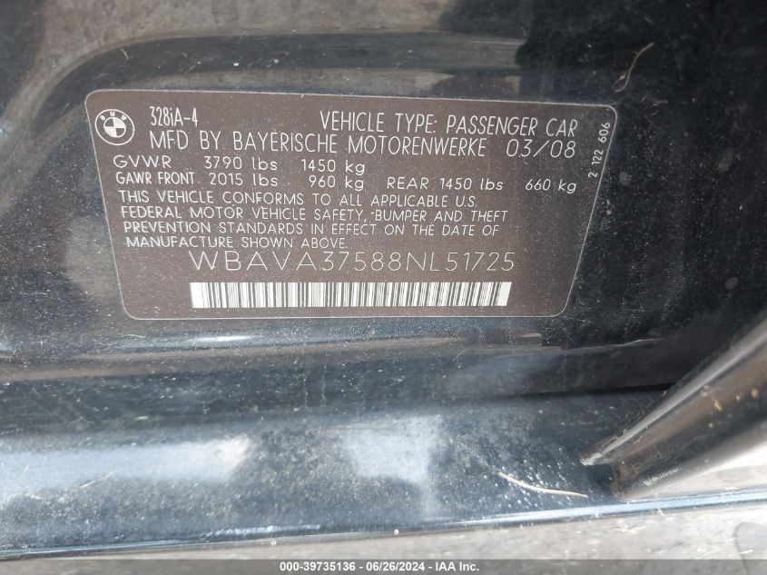 2008 BMW 328I VIN: WBAVA37588NL51725 Lot: 39735136