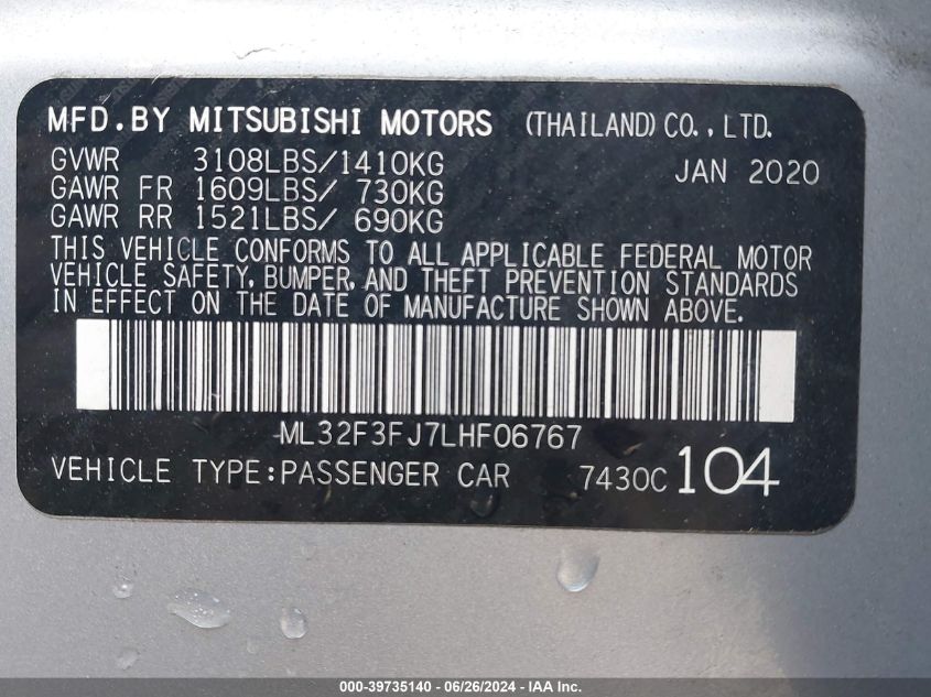 2020 Mitsubishi Mirage G4 Es VIN: ML32F3FJ7LHF06767 Lot: 39735140