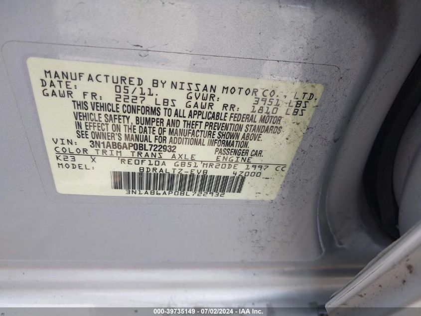 2011 Nissan Sentra 2.0S VIN: 3N1AB6AP0BL722932 Lot: 39735149