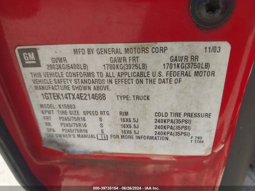 2004 GMC Sierra 1500 Work Truck VIN: 1GTEK14TX4E214688 Lot: 39735154