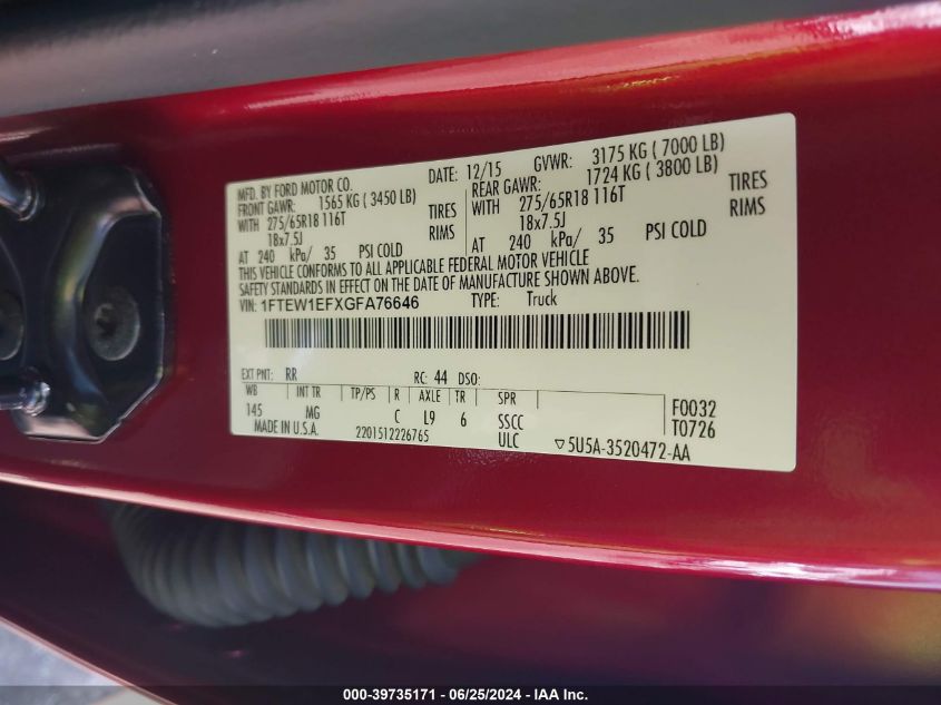 2016 Ford F-150 Xlt VIN: 1FTEW1EFXGFA76646 Lot: 39735171