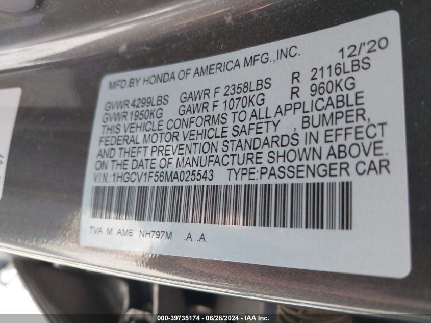 2021 Honda Accord Ex-L VIN: 1HGCV1F56MA025543 Lot: 39735174