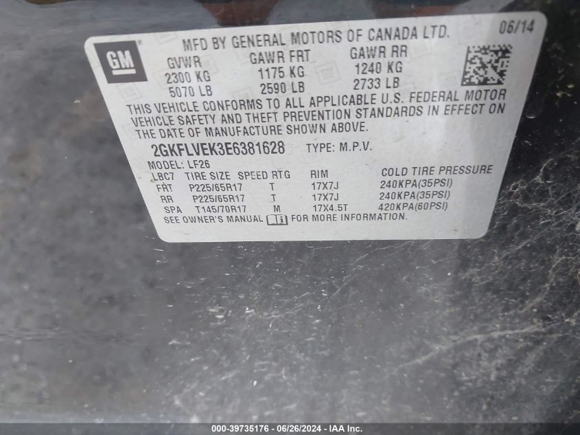 2014 GMC Terrain Sle VIN: 2GKFLVEK3E6381628 Lot: 39735176