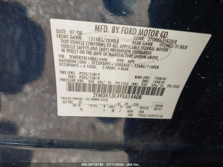 2009 Ford Flex Limited VIN: 2FMDK53C49BA14408 Lot: 39735180