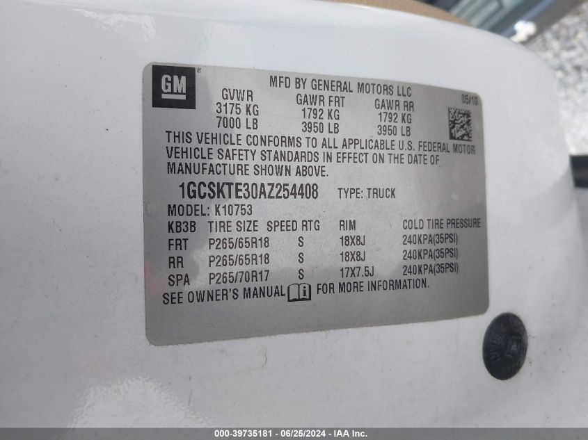 2010 Chevrolet Silverado 1500 Ltz VIN: 1GCSKTE30AZ254408 Lot: 39735181