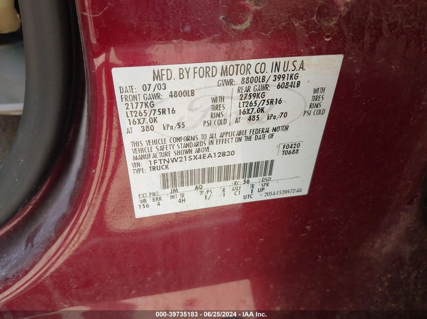 2004 Ford F-250 Lariat/Xl/Xlt VIN: 1FTNW21SX4EA12830 Lot: 39735183