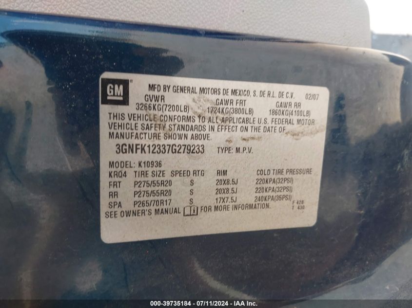 2007 Chevrolet Avalanche 1500 Ltz VIN: 3GNFK12337G279233 Lot: 39735184
