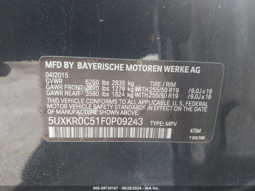 2015 BMW X5 xDrive35I VIN: 5UXKR0C51F0P09243 Lot: 39735187