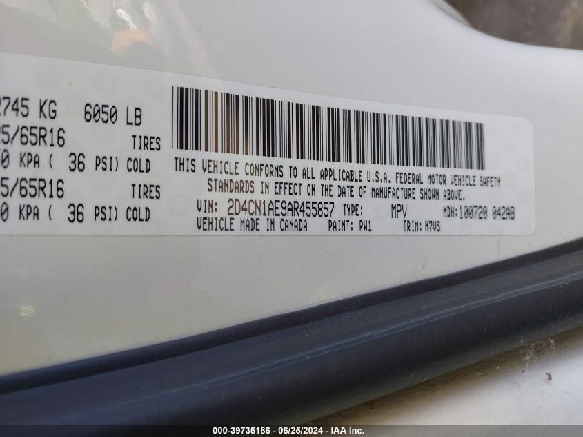 2010 Dodge Grand Caravan C/V VIN: 2D4CN1AE9AR455857 Lot: 39735186