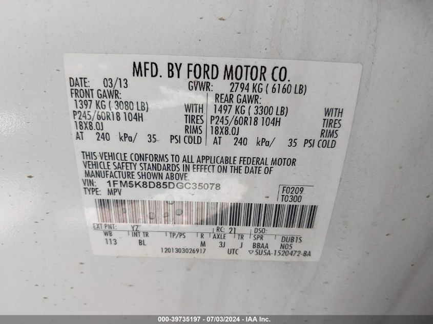 2013 Ford Explorer Xlt VIN: 1FM5K8D85DGC35078 Lot: 39735197