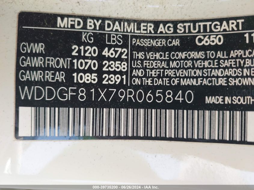 2009 Mercedes-Benz C 300 Luxury 4Matic/Sport 4Matic VIN: WDDGF81X79R065840 Lot: 39735200