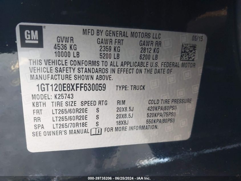 2015 GMC Sierra K2500 Denali VIN: 1GT120E8XFF630059 Lot: 39735206