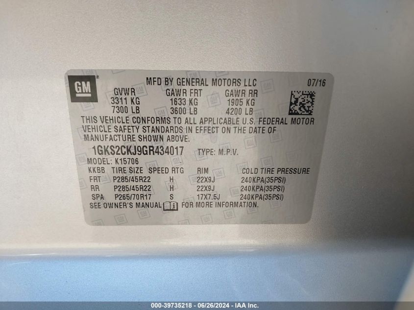 2016 GMC Yukon Denali VIN: 1GKS2CKJ9GR434017 Lot: 39735218