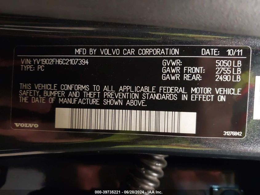 2012 Volvo S60 T6/T6 R-Design VIN: YV1902FH6C2107394 Lot: 39735221