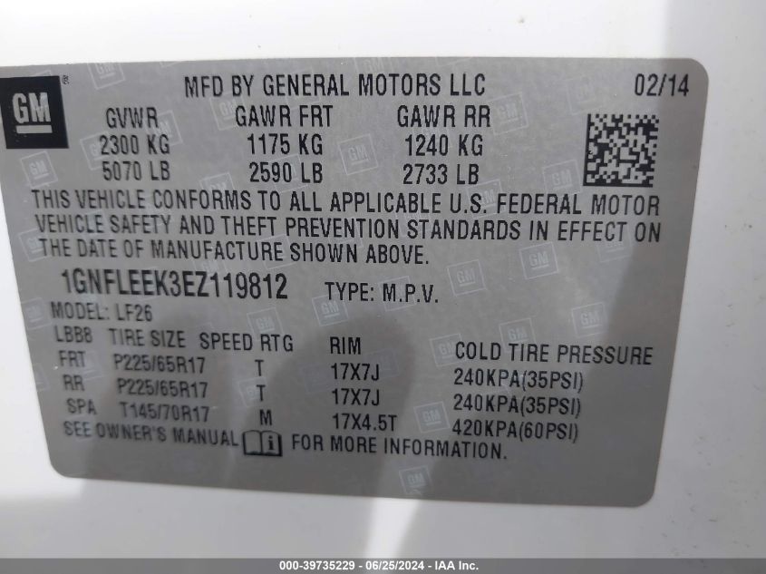 2014 Chevrolet Equinox Ls VIN: 1GNFLEEK3EZ119812 Lot: 39735229