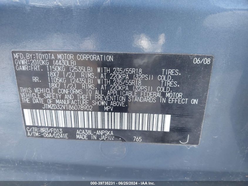 2008 Toyota Rav4 Sport VIN: JTMZD32V186078902 Lot: 39735231