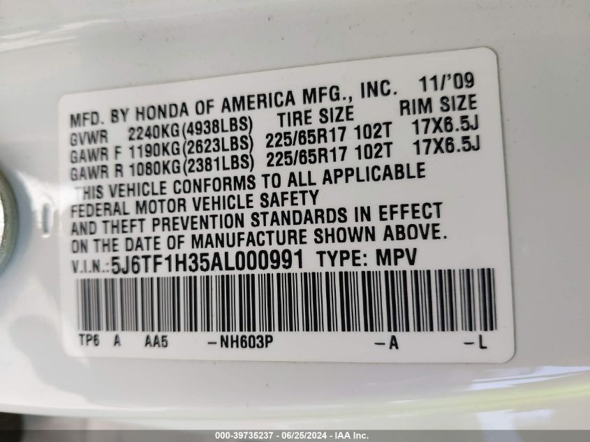 2010 Honda Accord Crosstour Ex VIN: 5J6TF1H35AL000991 Lot: 39735237