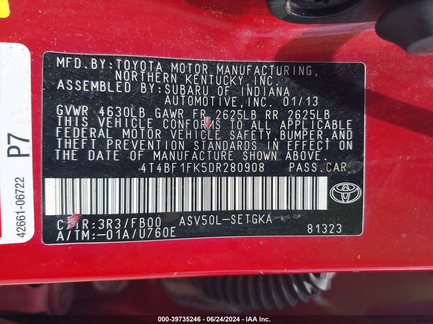 2013 Toyota Camry Xle VIN: 4T4BF1FK5DR280908 Lot: 39735246