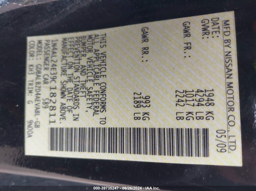 2009 Nissan Altima 2.5 S VIN: 1N4AL24E39C182811 Lot: 39735247