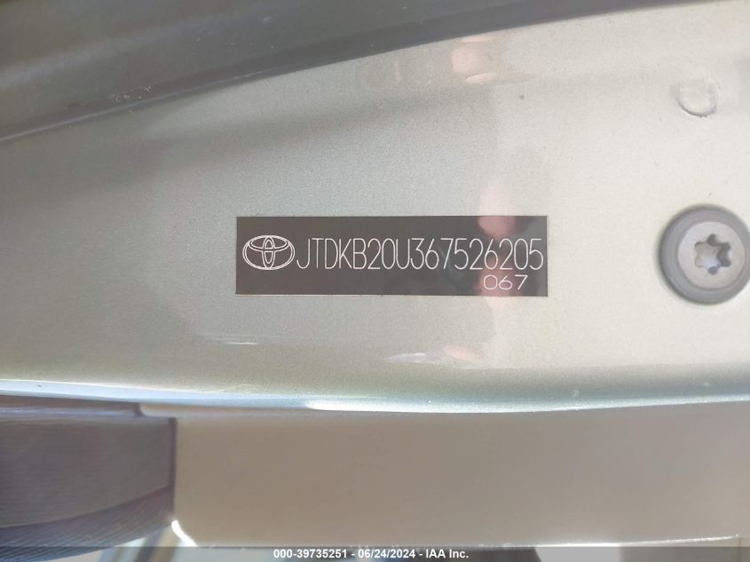 2006 Toyota Prius VIN: JTDKB20U367526205 Lot: 39735251