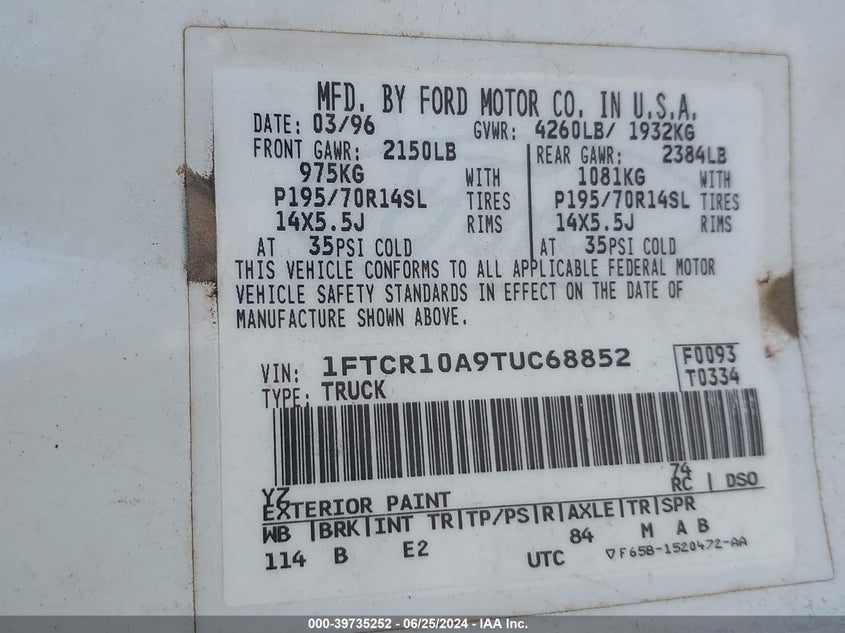 1996 Ford Ranger VIN: 1FTCR10A9TUC68852 Lot: 39735252