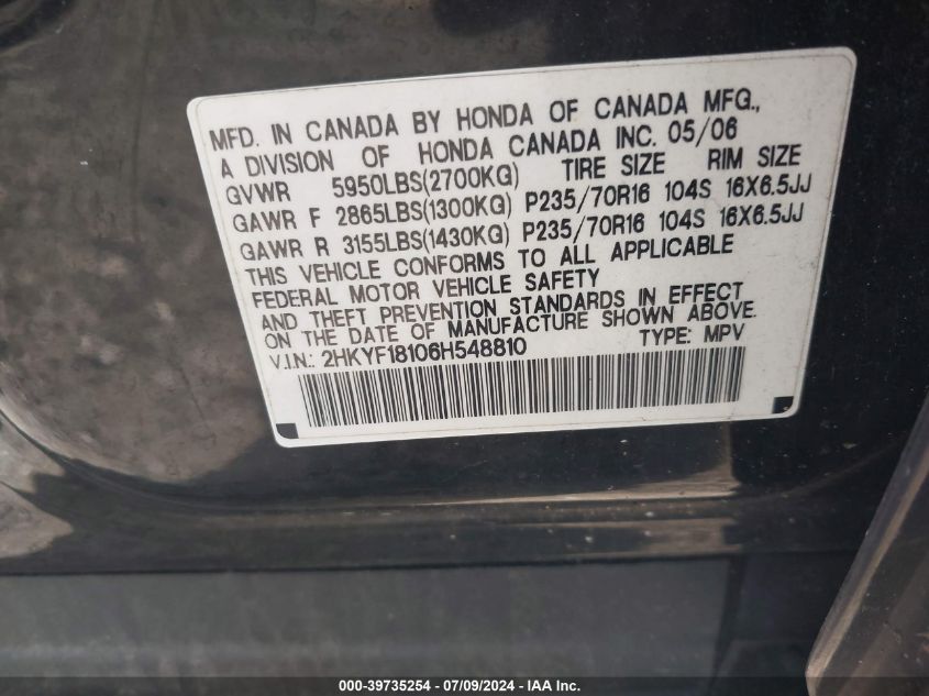 2006 Honda Pilot Lx VIN: 2HKYF18106H548810 Lot: 39735254