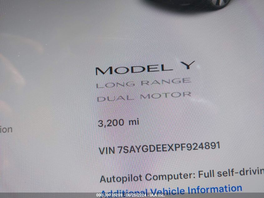 2023 Tesla Model Y Awd/Long Range Dual Motor All-Wheel Drive VIN: 7SAYGDEEXPF924891 Lot: 39735259