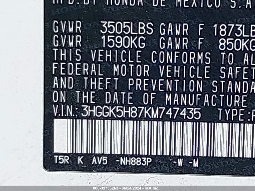 2019 Honda Fit Ex VIN: 3HGGK5H87KM747435 Lot: 39735263