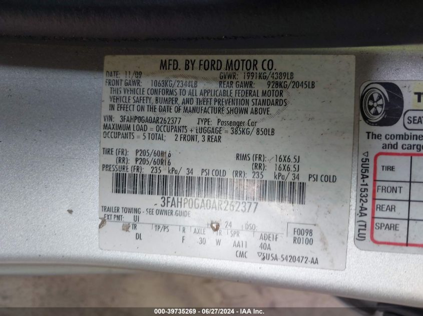 2010 Ford Fusion S VIN: 3FAHP0GA0AR262377 Lot: 39735269