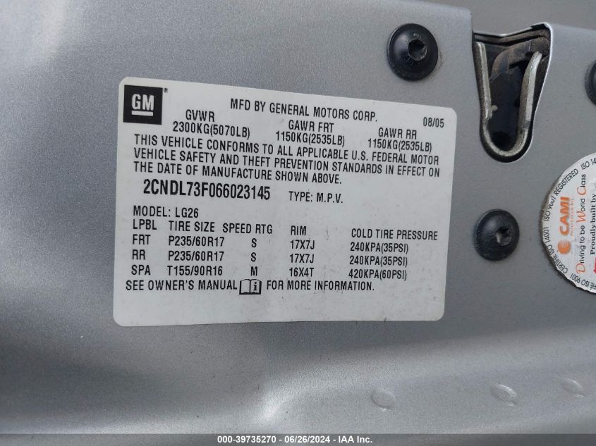 2006 Chevrolet Equinox Lt VIN: 2CNDL73F066023145 Lot: 39735270