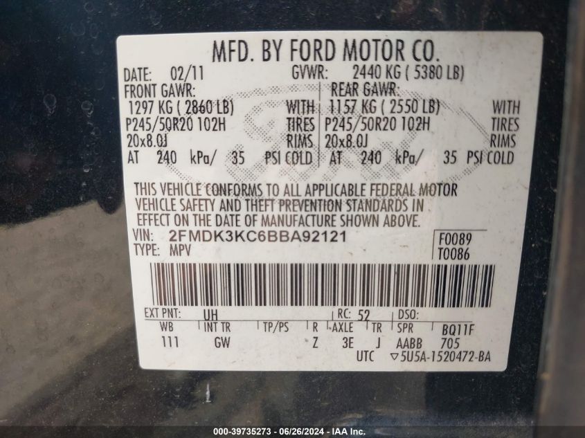 2011 Ford Edge Limited VIN: 2FMDK3KC6BBA92121 Lot: 39735273