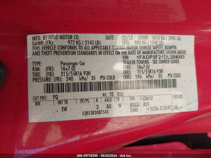 2013 Ford Focus Se VIN: 1FADP3F21DL284093 Lot: 39735280