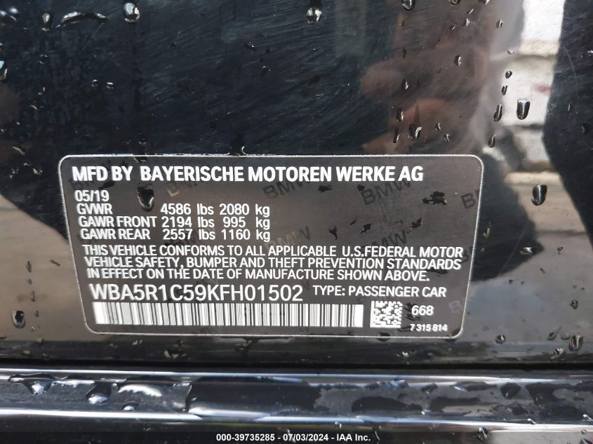 2019 BMW 330I VIN: WBA5R1C59KFH01502 Lot: 39735285