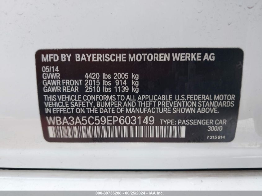 2014 BMW 328 I VIN: WBA3A5C59EP603149 Lot: 39735288