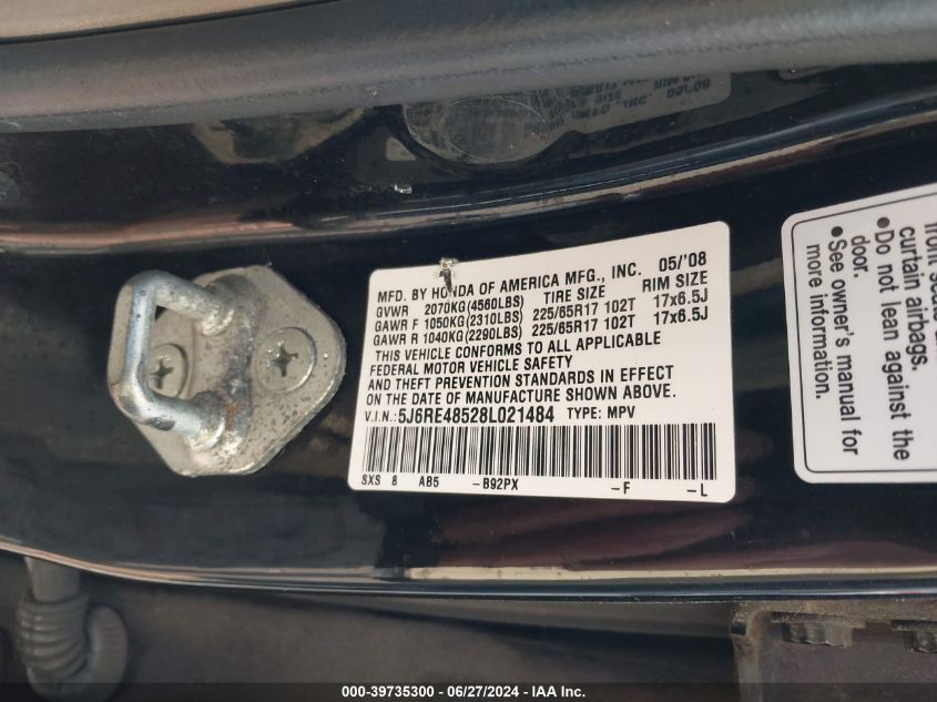 2008 Honda Cr-V Ex VIN: 5J6RE48528L021484 Lot: 39735300