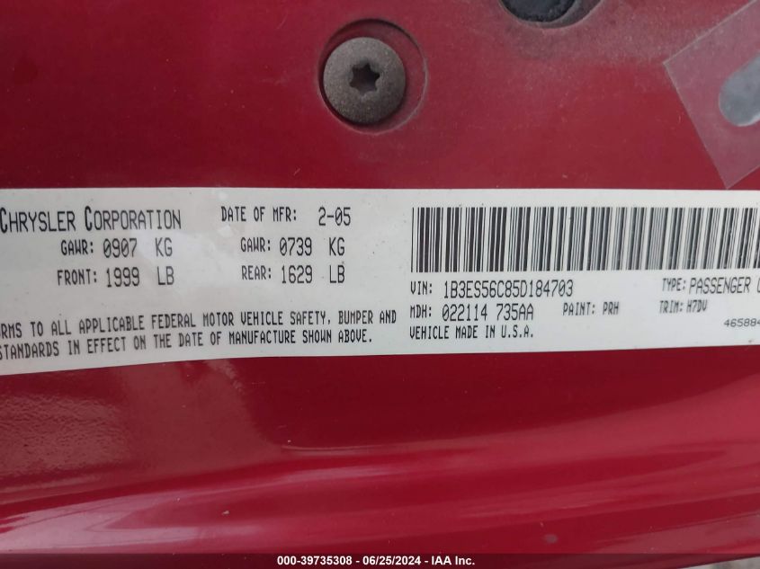 2005 Dodge Neon Sxt VIN: 1B3ES56C85D184703 Lot: 39735308