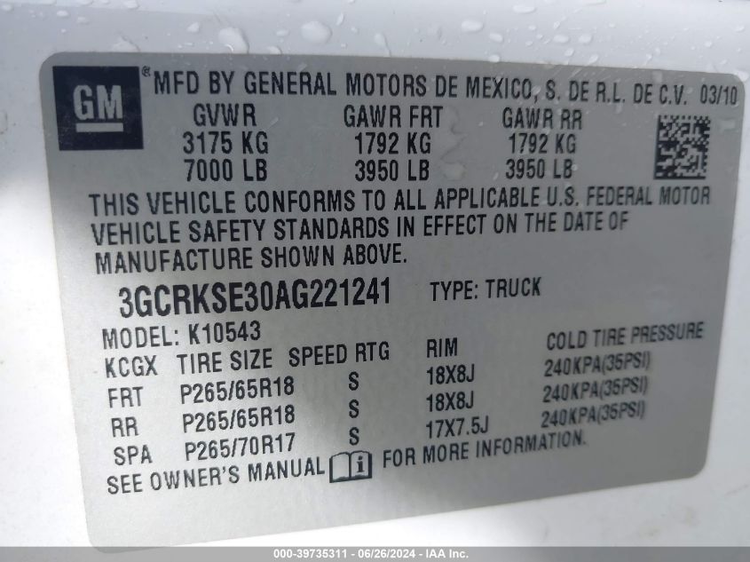 2010 Chevrolet Silverado K1500 Lt VIN: 3GCRKSE30AG221241 Lot: 39735311