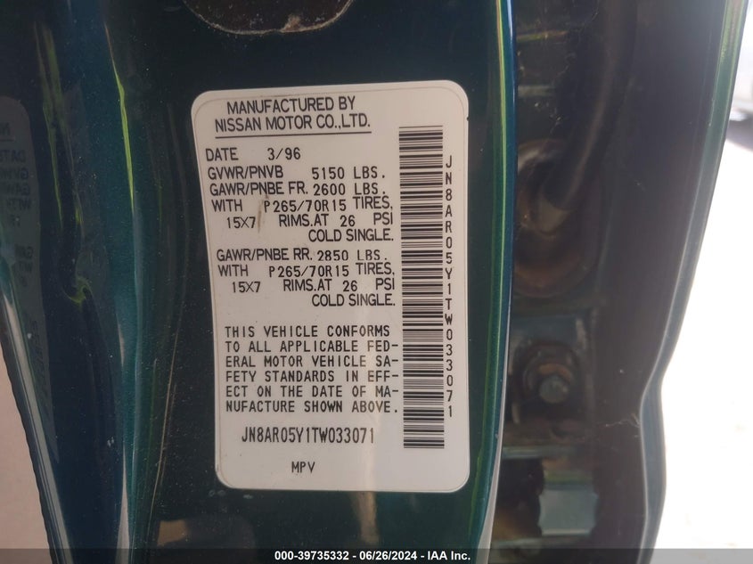 1996 Nissan Pathfinder Le/Se/Xe VIN: JN8AR05Y1TW033071 Lot: 39735332