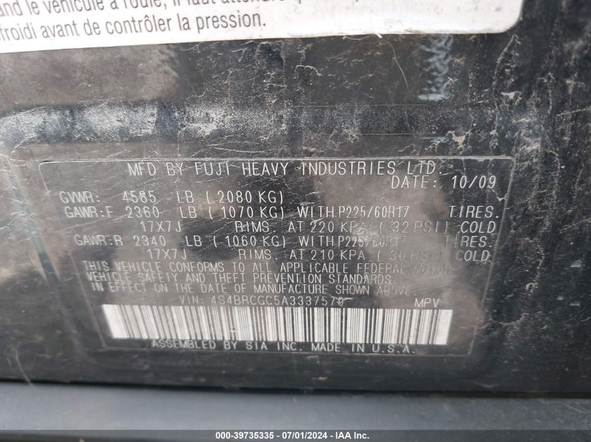 2010 Subaru Outback 2.5I Premium VIN: 4S4BRCGC5A3337579 Lot: 39735335