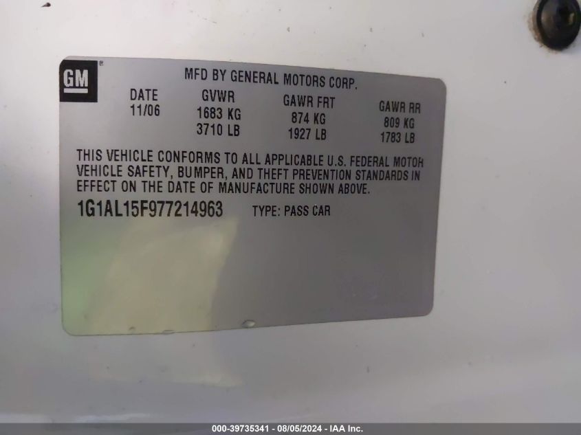 2007 Chevrolet Cobalt Lt VIN: 1G1AL15F977214963 Lot: 39735341