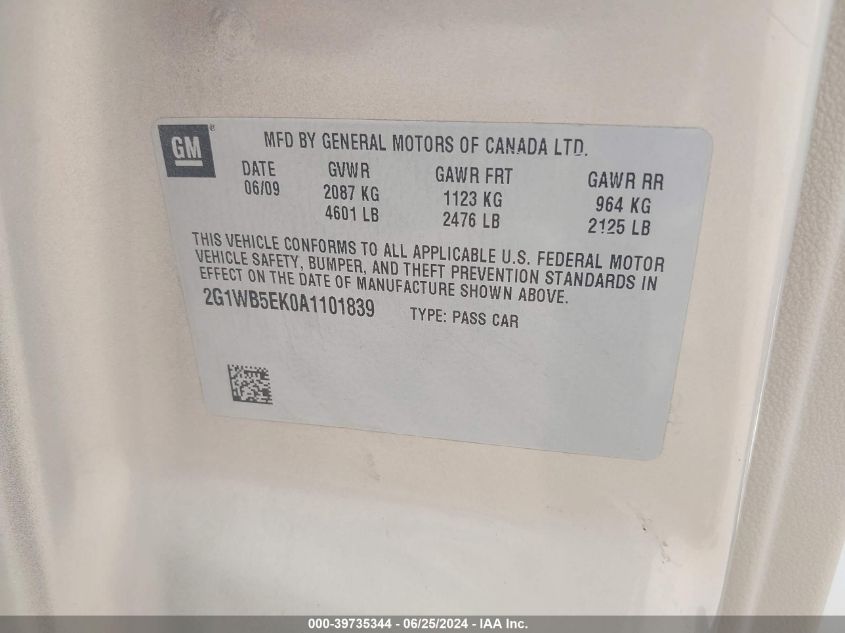 2010 Chevrolet Impala Lt VIN: 2G1WB5EK0A1101839 Lot: 39735344