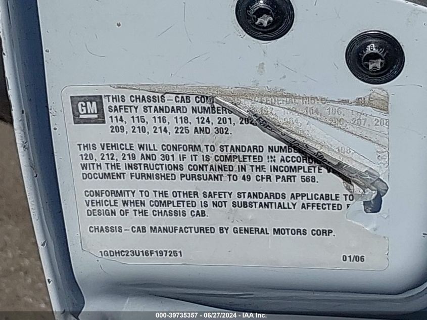 2006 GMC Sierra 2500Hd Work Truck VIN: 1GDHC23U16F197251 Lot: 39735357
