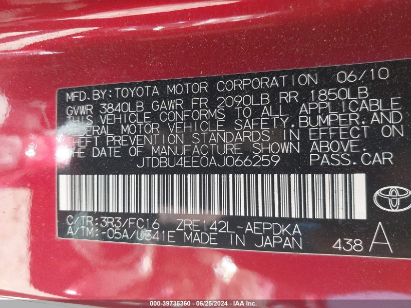 2010 Toyota Corolla Le VIN: JTDBU4EE0AJ066259 Lot: 39735360