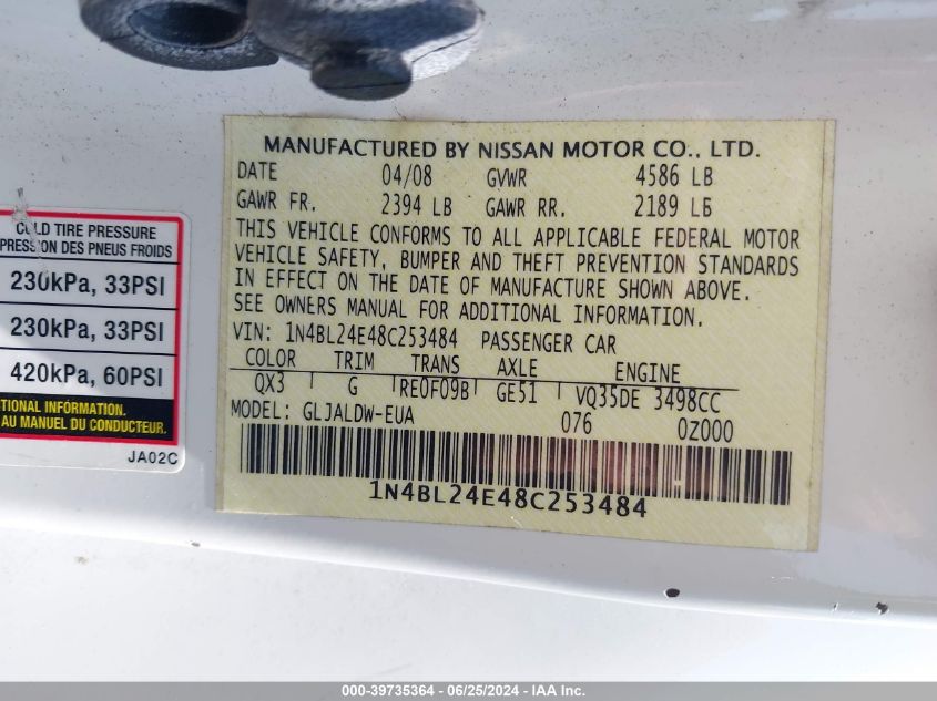 1N4BL24E48C253484 2008 Nissan Altima 3.5 Se