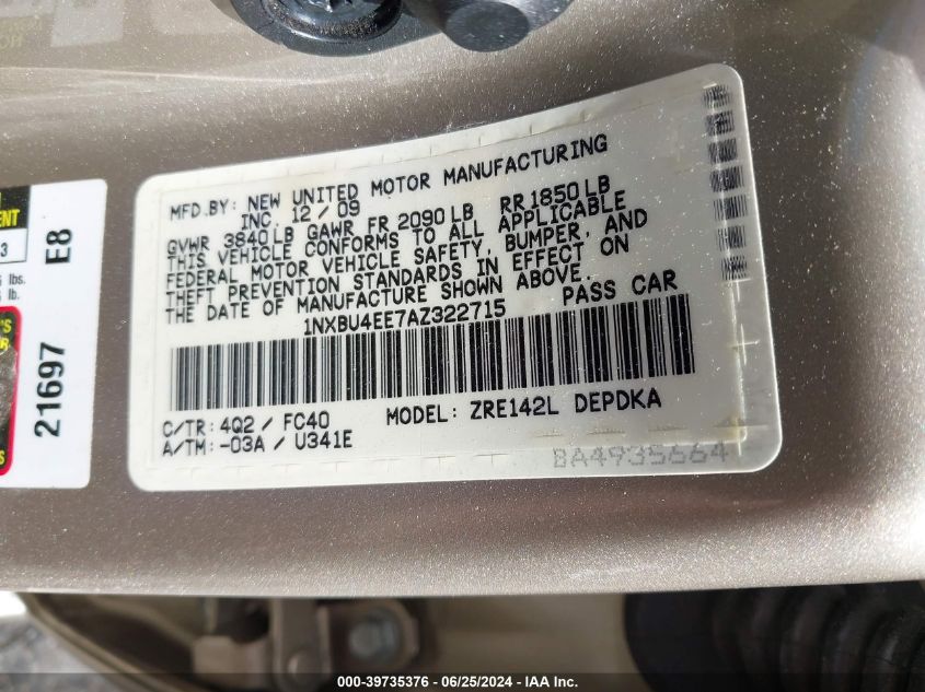 2010 Toyota Corolla S/Le/Xle VIN: 1NXBU4EE7AZ322715 Lot: 39735376