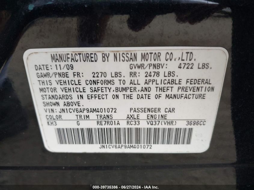 2010 Infiniti G37 Journey VIN: JN1CV6AP9AM401072 Lot: 39735386