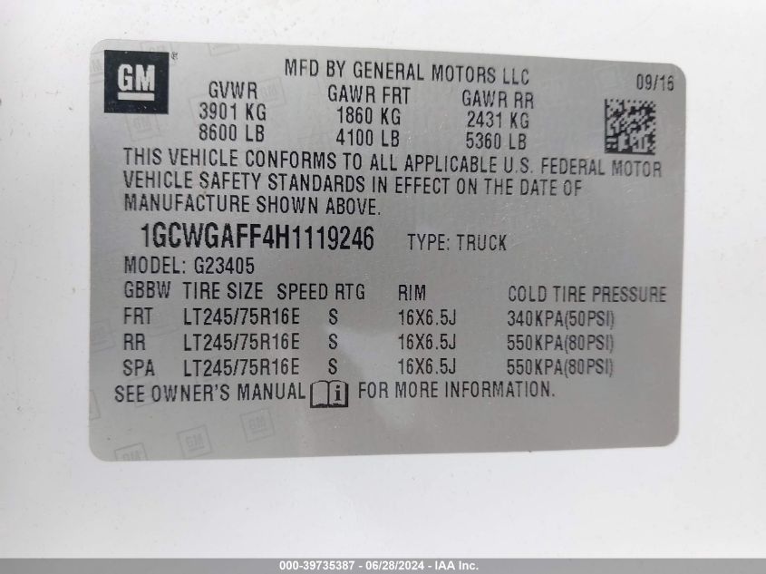 2017 Chevrolet Express 2500 Work Van VIN: 1GCWGAFF4H1119246 Lot: 39735387