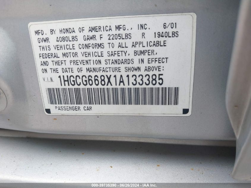 2001 Honda Accord Ex VIN: 1HGCG668X1A133385 Lot: 39735390